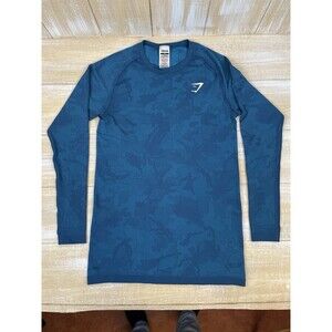 Gymshark Long Sleeve Mens X-Small Gym Stretch Teal Blue Camo